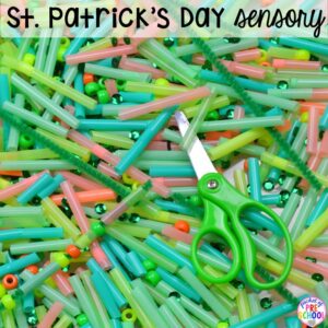 St. Patrick's Day sesnory table plus more sensory tables for every holiday with various sensory fillers and sensory tools that incorperate math, literacy, and science into play. #sensorytable #sensorybin #sensoryplay #preschool #prek