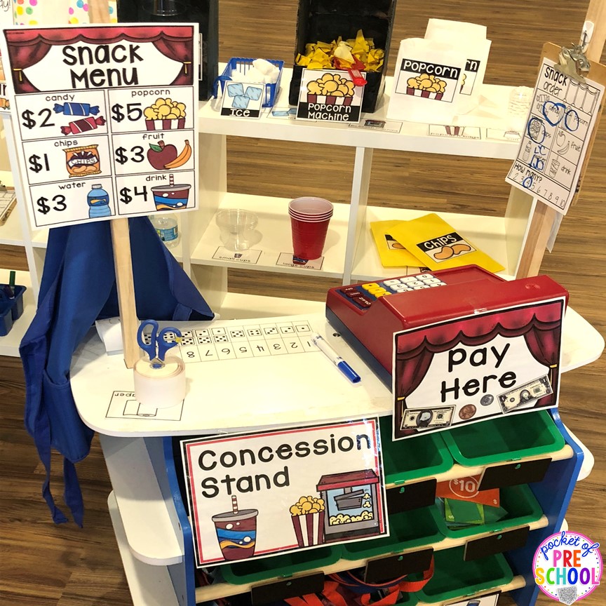 Concession Stand! How to change the dramatic play center into a Fairy Tale Theater for a fairy tale theme or reading theme. #dramaticplay #pretendplay #preschool #prek #kindergarten 