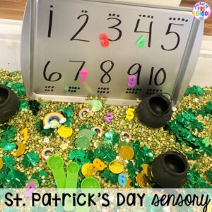 St. Patrick's Day sesnory table plus more sensory tables for every holiday with various sensory fillers and sensory tools that incorperate math, literacy, and science into play. #sensorytable #sensorybin #sensoryplay #preschool #prek