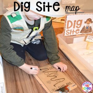 Dig site map (pre-writing activity) ow to make a Dinosaur Dig Site in dramatic play and embed tons of math, literacy, and STEM into their play. Perfect for preschool, pre-k, and kindergarten. #preschool #prek #dinosaurtheme #dinodig #dramaticplay