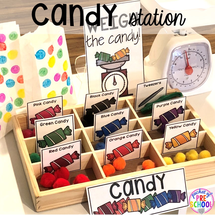 Candy station at the theater! How to change the dramatic play center into a Fairy Tale Theater for a fairy tale theme or reading theme. #dramaticplay #pretendplay #preschool #prek #kindergarten 