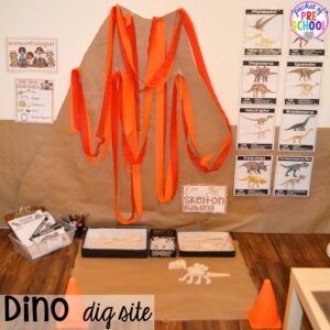 Volcano up close! ow to make a Dinosaur Dig Site in dramatic play and embed tons of math, literacy, and STEM into their play. Perfect for preschool, pre-k, and kindergarten. #preschool #prek #dinosaurtheme #dinodig #dramaticplay