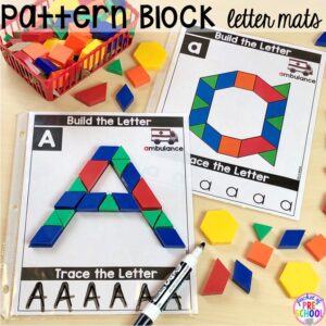 Pattern block alphabet letter mats! Alphabet letter mats - build the letter and write it! Easy way to make learning letters and handwriting fun for preschool, pre-k, and kindergarten #letters #alaphabet #handwriting #preschool #prek #kindergarten