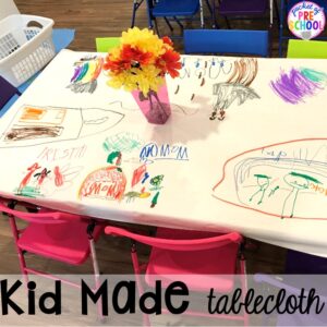 Kid made tablecloth! Muffins with Mom or Muffins in the Morning classroom event! Ideas, photos, and food so much fun. #preschool #prek #muffinswithmom #classroomevent