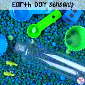 Earth Day sesnory table plus more sensory tables for every holiday with various sensory fillers and sensory tools that incorperate math, literacy, and science into play. #sensorytable #sensorybin #sensoryplay #preschool #prek