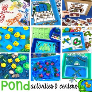Activities and centers for a pond theme (letters, math, fine motor, science, art, sensory, and more) and fun FREE printables too. Designed for preschool, pre-k, and kindergarten. #pondtheme #preschool #prek #centers