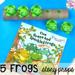 5 Frogs story props plus more pond theme activities and centers for preschool, pre-k, and kindergarten. #preschool #prek #pondtheme