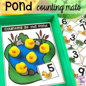 Pond counting mat plus more pond theme activities and centers for preschool, pre-k, and kindergarten. #preschool #prek #pondtheme