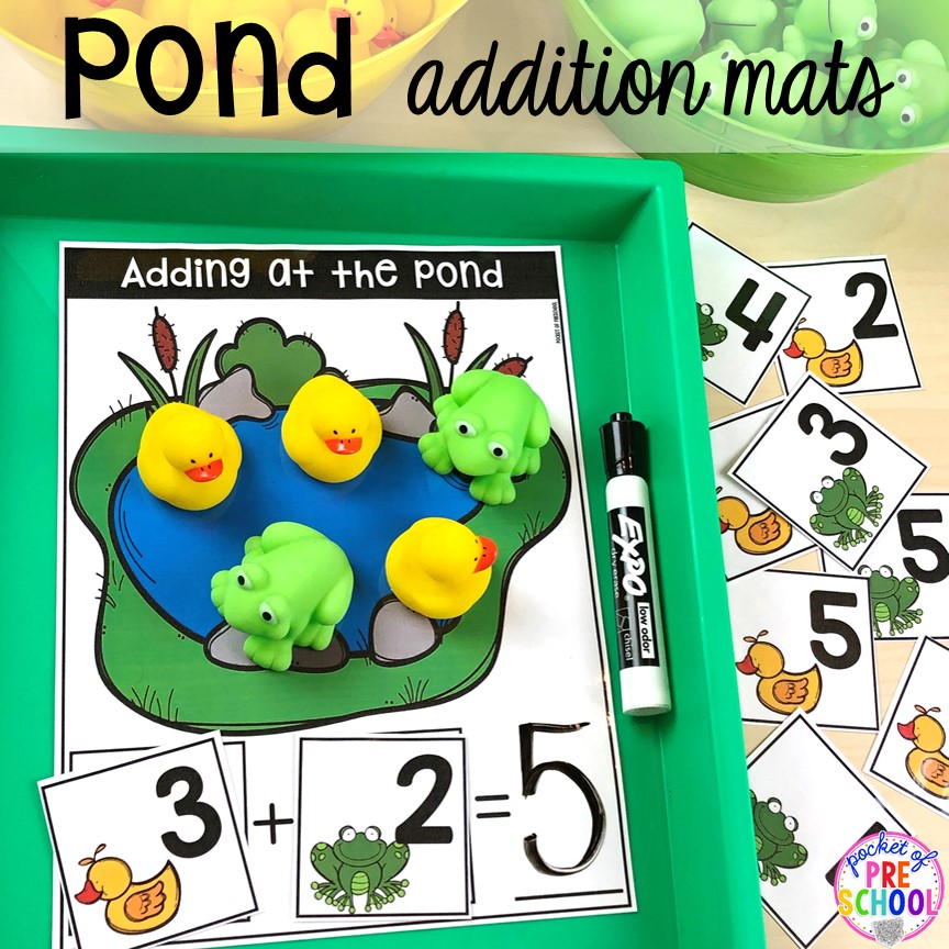 Pond addition game plus more pond theme activities and centers for preschool, pre-k, and kindergarten. #preschool #prek #pondtheme