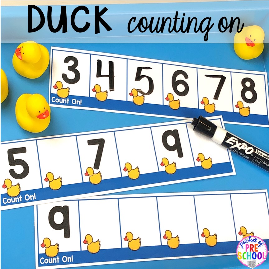 Duck counting on strips plus more pond theme activities and centers for preschool, pre-k, and kindergarten. #preschool #prek #pondtheme