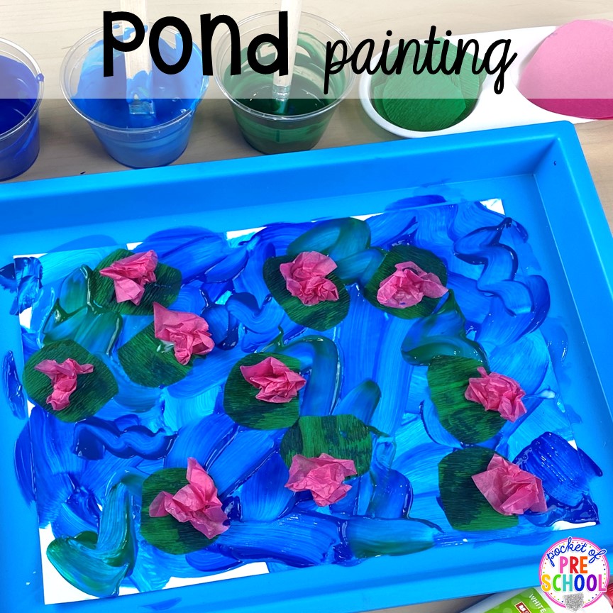 Pond art (process art) plus more pond theme activities and centers for preschool, pre-k, and kindergarten. #preschool #prek #pondtheme