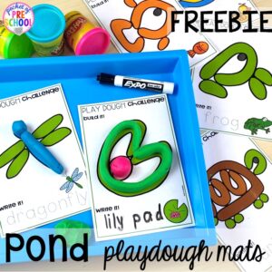 FREE pond play dough mats plus more pond theme activities and centers for preschool, pre-k, and kindergarten. #preschool #prek #pondtheme