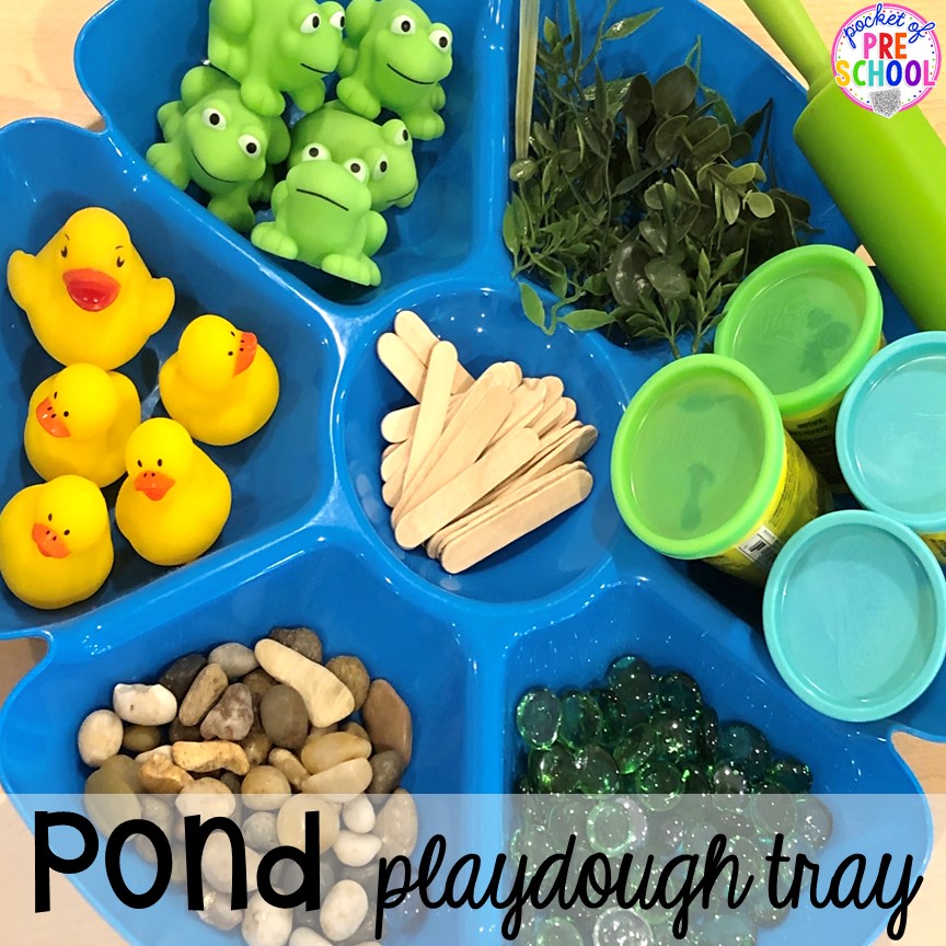Pond playdough tray plus more pond theme activities and centers for preschool, pre-k, and kindergarten. #preschool #prek #pondtheme