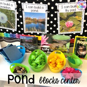 Pond block center and STEM challenge ideas for little builders (preschool, pre-k, and kindergaten). #pondtheme #blockscenter