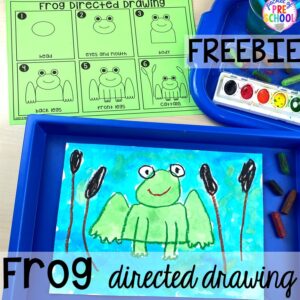 FREE frog directed drawing plus more pond theme activities and centers for preschool, pre-k, and kindergarten. #preschool #prek #pondtheme
