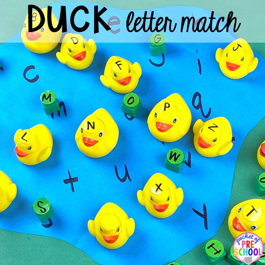 Duck letter match game! plus more pond theme activities and centers for preschool, pre-k, and kindergarten. #preschool #prek #pondtheme