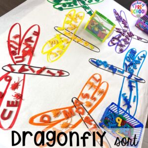 Dragonfly letter sort and color sort! plus more pond theme activities and centers for preschool, pre-k, and kindergarten. #preschool #prek #pondtheme