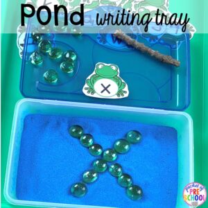 Pond writing tray in a pencil box! plus more pond theme activities and centers for preschool, pre-k, and kindergarten. #preschool #prek #pondtheme