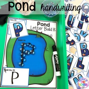 Pond handwriting FUN! plus more pond theme activities and centers for preschool, pre-k, and kindergarten. #preschool #prek #pondtheme