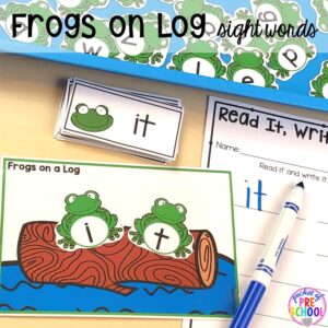 Frogs on a log sight word game. plus more pond theme activities and centers for preschool, pre-k, and kindergarten. #preschool #prek #pondtheme