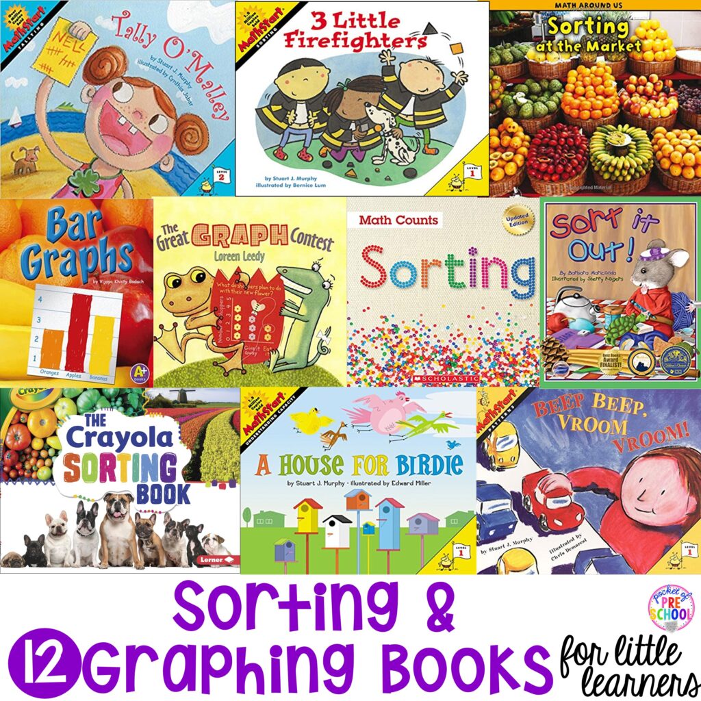Sorting & graphing book list for preschool, pre-k, and kindergarten. Perfect for a math unit, sorting lesson, or graphing activity. # graphingactivity #booklist #mathunit #sortinglesson