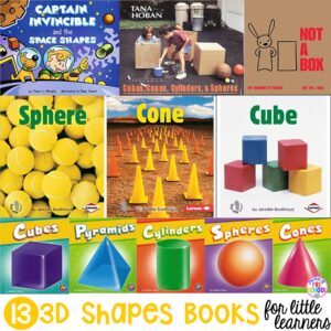 3D shapes book list for preschool, pre-k, and kindergarten. Perfect for a math unit or a 3D shapes lesson. #booklist #3Dshapes #mathunit