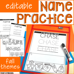Editable name practice pages with fall themes made for preschool, pre-k, and kindergarten students.