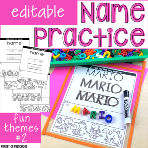 Editable name practice pages with fun themes made for preschool, pre-k, and kindergarten students.