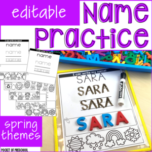 Editable name practice pages with spring themes made for preschool, pre-k, and kindergarten students.