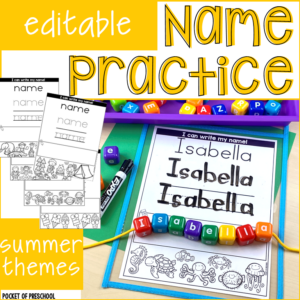 Editable name practice pages with summer themes made for preschool, pre-k, and kindergarten students.