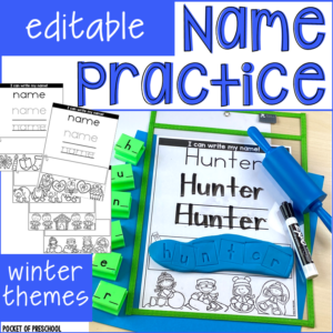 Editable name practice pages with winter themes made for preschool, pre-k, and kindergarten students.