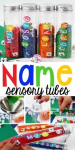 Name sensory tubes to learn the letters in their name, an easy name activity. Fun for preschool, pre-k, and kindergarten. #nameactivity #preschool #sensory