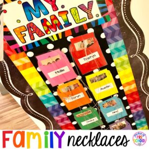 Family necklaces to help students who miss their families or have anxiety. A fun way to build a classroom community. #family #classroom #classroomdecor #preschool