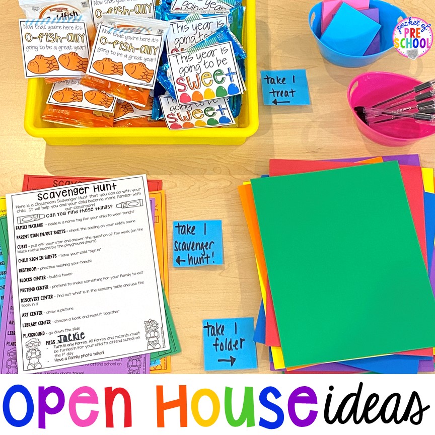 Open house ideas, hacks, & freebies for preschool, pre-k, and kindergarten. Plus some first day of school printables too. #preschool #prek #openhouse