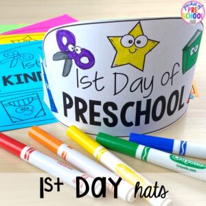 First day of school hats! Open house ideas, hacks, & freebies for preschool, pre-k, and kindergarten. Plus some first day of school printables too. #preschool #prek #openhouse
