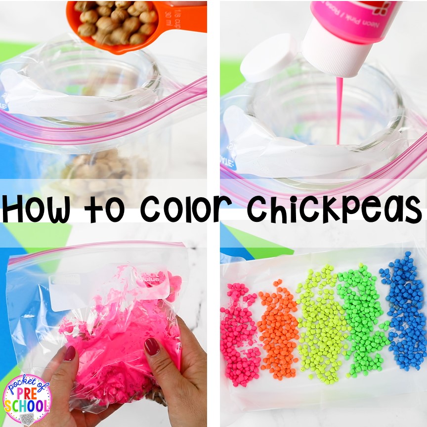 How to dye chick peas (aka paint garbanzo beans) with acrylic paint for sensory bins, sensory play, or sensory tables. #sensory #sensoryplay #preschool #prek
