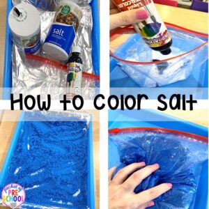 How to dye salt for sensory play, writing trays, and art activities. Fun for preschool, pre-k, and kindergarten. #sensory #sensoryplay