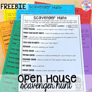 Open house scavenger hunt! Open house ideas, hacks, & freebies for preschool, pre-k, and kindergarten. Plus some first day of school printables too. #preschool #prek #openhouse