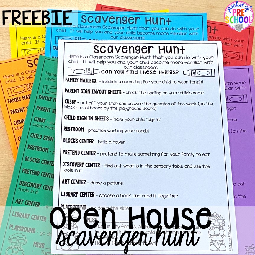 Open house scavenger hunt! Open house ideas, hacks, & freebies for preschool, pre-k, and kindergarten. Plus some first day of school printables too. #preschool #prek #openhouse