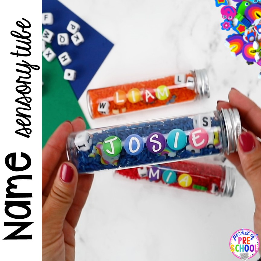 How to make name sensory tubes to learn the letters in their name, an easy name activity. Fun for preschool, pre-k, and kindergarten. #nameactivity #preschool #sensory