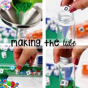 How to make name sensory tubes to learn the letters in their name, an easy name activity. Fun for preschool, pre-k, and kindergarten. #nameactivity #preschool #sensory