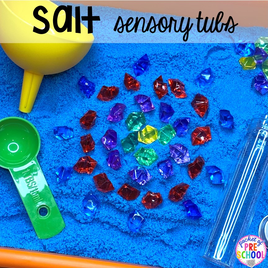 Salt sensory table idea! How to dye salt for sensory play, writing trays, and art activities. Fun for preschool, pre-k, and kindergarten. #sensory #sensoryplay