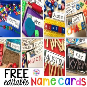 Hands-on name activities using FREE editable name cards to practice letter identification, letter sounds, and handwriting skills.