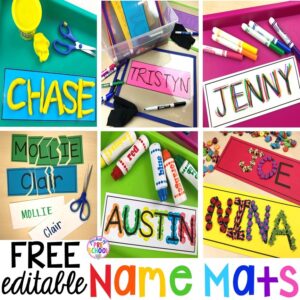 Fun name activities using FREE name mats. Make, build, trace, sculpt, or dot names to practice writing letters and identifying letters.