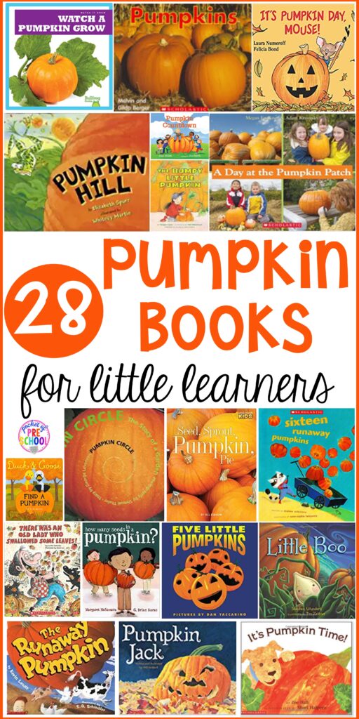 Pumpkin book list for preschool, pre-k, and kindergarten. Perfect for a fall theme or pumpkin unit. #falltheme #booklist #pumpkinunit #childrensbooklist