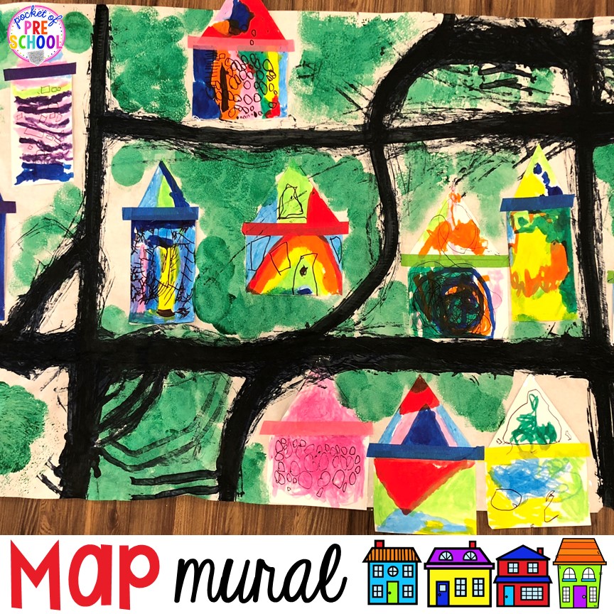 Community map mural - fun for a community helper theme, family theme, or teach map skills. Perfet for preschool, pre-k, or kindergarten.