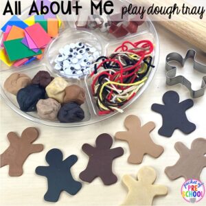 All about me play dough tray with skin tone dough plus tons of All about me activities for back to school. Perfect for preschool, pre-k, or kindergarten. #allaboutme #diversity #backtoschool