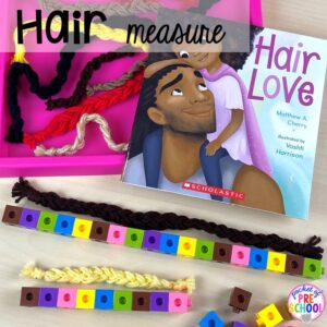 Hair measure plus tons of all about me activities for back to school. Perfect for preschool, pre-k, or kindergarten. #allaboutme #diversity #backtoschool