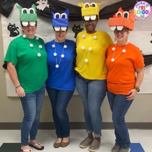 Hungry Hungry Hippos Halloween costume plus 25 more adorable and easy Halloween costumes for teachers. #preschool #prek #kindergarten #teachercostume #Halloweenteachercostumes