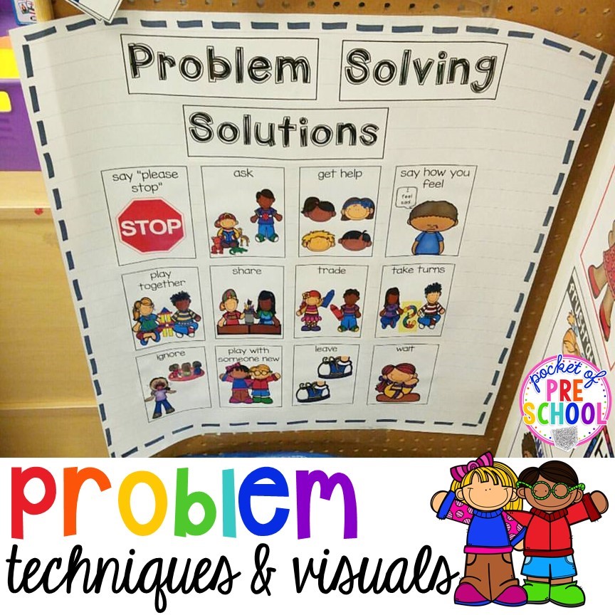 Problem solving visuals supportsplus more classroom management tips for preschool, pre-k, and kindergarten. #classroommanagement #preschool #prek #kindergarten